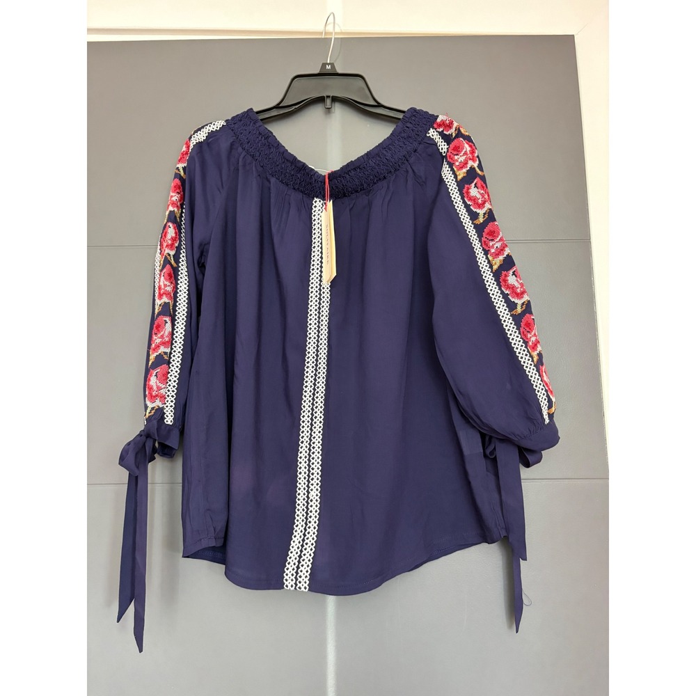 Solitaire Navy Blue Embroidered Off Shoulder Boho Blouse Red Floral Tie Cuff M